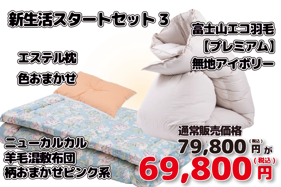 【新生活004/限定4枚】新生活スタートセット3（エコ羽毛プレミアム・ニューカルカル羊毛混・エステル枕(43×63)）シングル（丈210） 柄おまかせブルー系 (セール限定セット販売価格79800円相当⇒69800円 )
